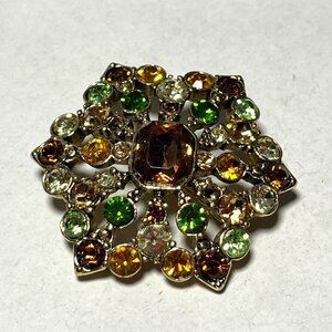 Vintage Liz Claiborne Green Brown Rhinestones Lapel Pin Brooch